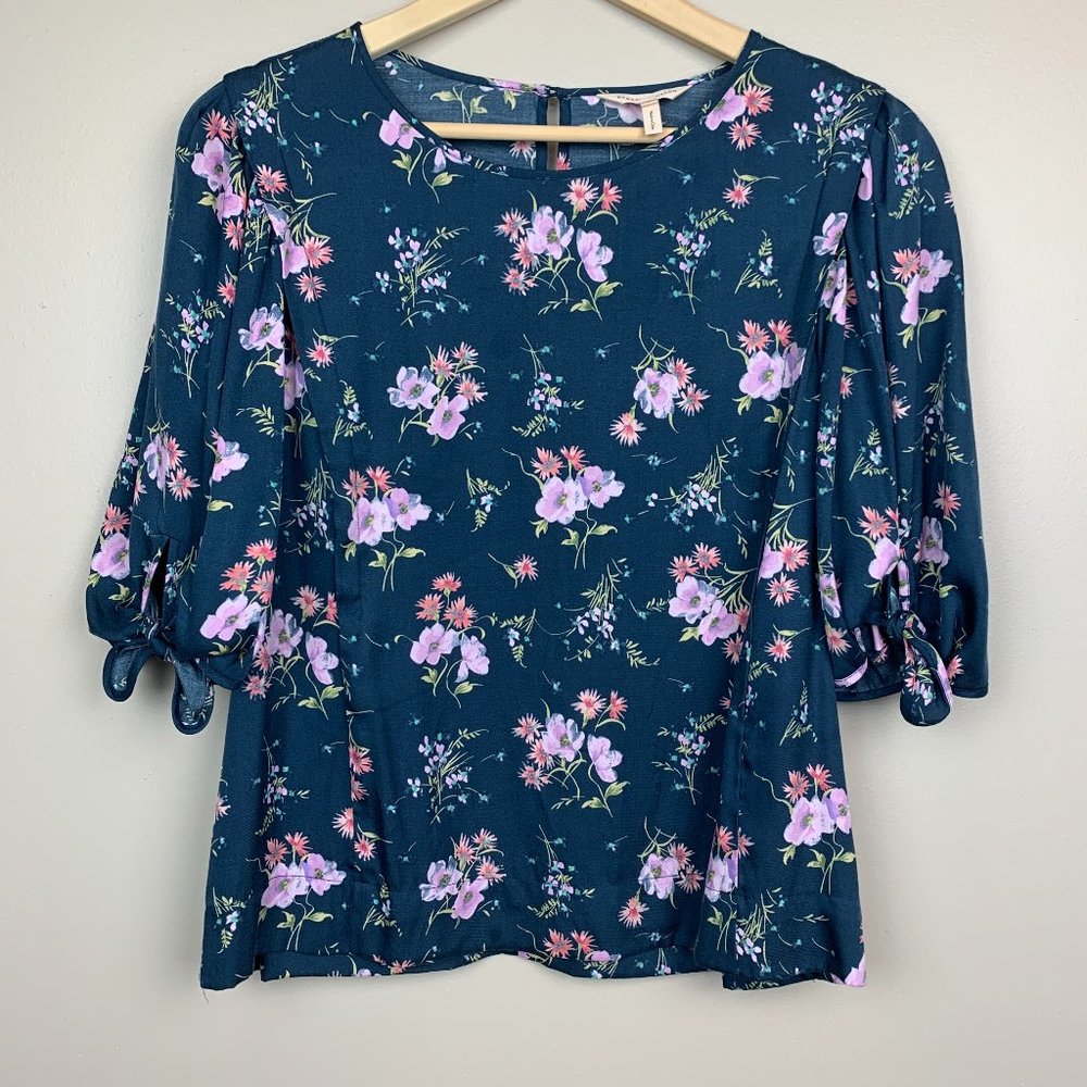 Rebecca Taylor Silk Blend Tied Sleeve Floral Teal Top Size Small